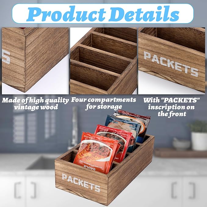 BSTKEY Seasoning Packet Organizer, Food Packet Storage Organizer with 4 Compartments, Wooden Storage Caddy for Kitchen Pantry Cabinet, Farmhouse Kitchen Organization Bin for Snacks Spice Packets - Image 3