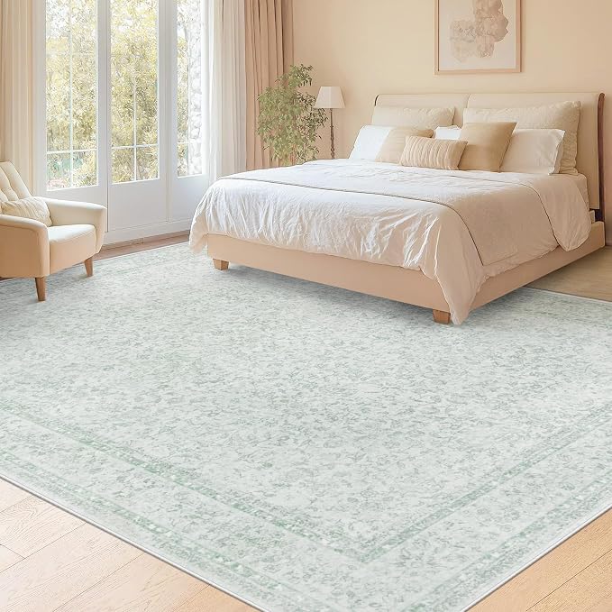 8x10 Area Rugs for Living Room: Washable Large Vintage Floral Rug Low Pile Non-Slip Boho Carpet for Bedroom Home Office Dining Room (Green, 8'x10') - Image 2
