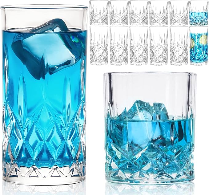Drinking Glasses, 12 Piece Crystal Glass Cups, Mixed Glassware Set, 6 pcs Crystal Old Fashioned 11oz Highballs and 6 pcs 11oz Whiskey Glasses, Great for Cocktail, Whisky and other Beverages by Claplante