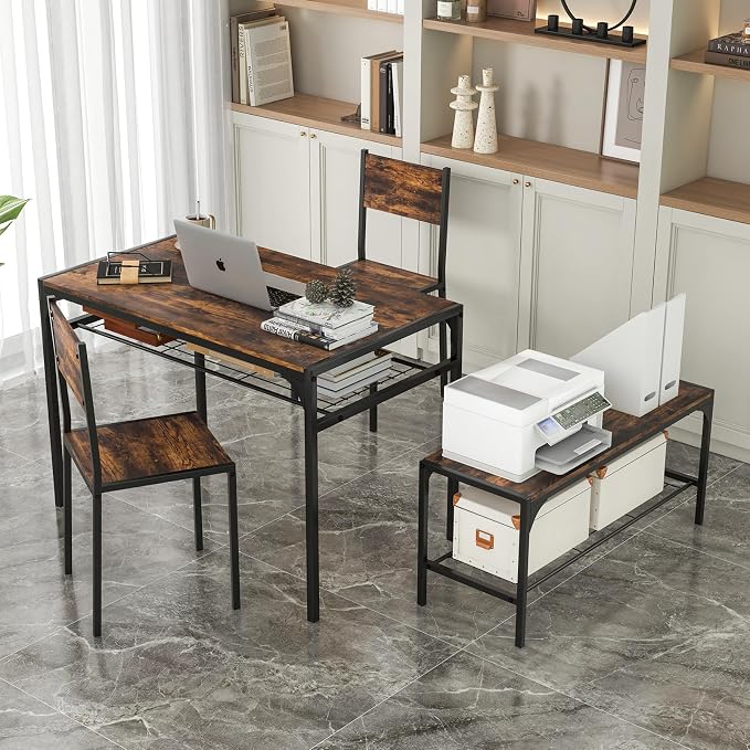 Giantex Dining Table Set for 4, Kitchen Table with Chairs & Bench, Storage Racks, Metal Frame, 4-Piece Space-Saving Dinette Set for Dining Room, Breakfast Nook, Small Space, Apartment,Rustic Brown - Image 3