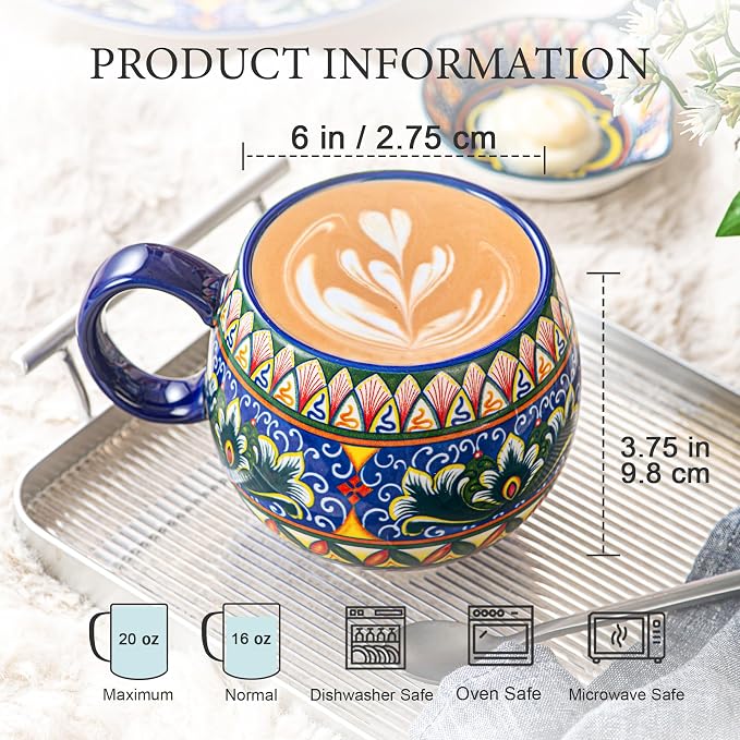 Henten Home Ceramic Coffee Mug Set of 6, 20 oz Colorful Coffee Cup with Handle, Boho Porcelian Mug for Cappuccino, Latte, Tea, Hot Chocolate, Cocoa, Microwave & Dishwasher Safe - Image 2