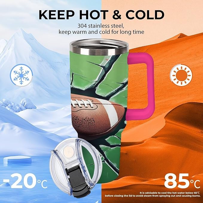 Football Impact on Cracked Glass Tumbler with Handle Insulated Water Travel Coffee Mug Bottle with Lid And Straw Stainless Steel Leak Proof Vacuum Insulated Cup 40 OZ