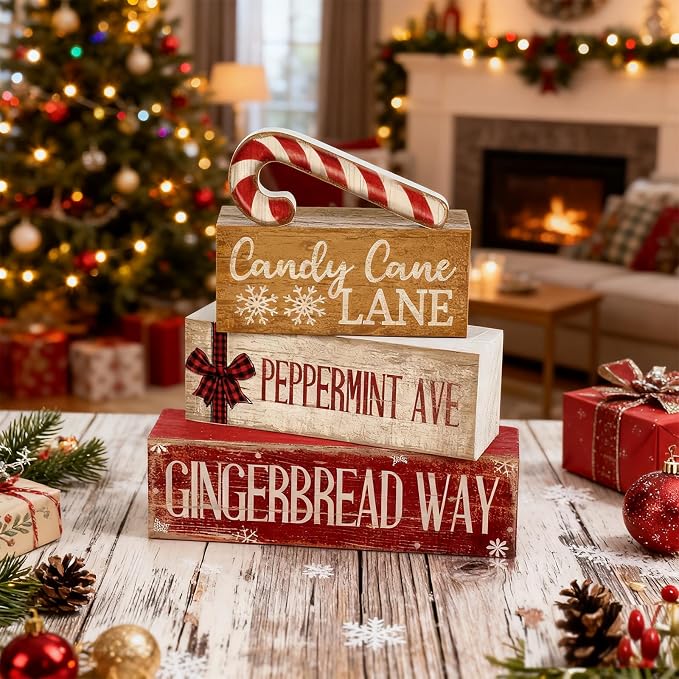 Moucuny 4 Pcs Christmas Table Decor Wooden Candy Cane Decoration Christmas Centerpiece Winter Tiered Tray Decor Red and White Stripes Candy Cane Block Signs Gift Farmhouse Xmas Decoration for Kitchen - Image 5