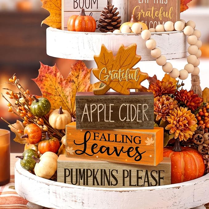 Moucuny 4 Pcs Fall Decoration for Home Wooden Maple Leaf Thanksgiving Table Centerpiece Rustic Thanksgiving Tiered Tray Decor Decorative Maple Leaf Block Signs Farmhouse Autumn Decor for Kitchen - Image 2