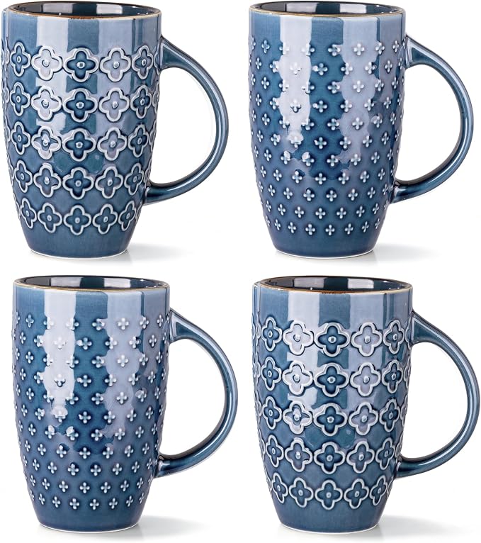 AmorArc Large Coffee Mugs Set of 4, 20oz Tall Coffee Mugs Set | with Texture Patterns for Cappuccino, Latte,Hot Cocoa, Dishwasher & Microwave Safe-Moonlight Blue by AmorArc