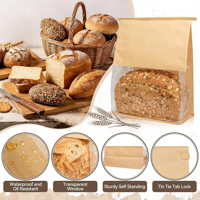 30 Pcs Bread Bags for Homemade Bread, Heavy Duty with Tin Tie Lock & Clear Window, 11"x8.7"x4.3", Large Sourdough Bread Bags, Stickers Included for Loaves, Cookies, Popcorn, Hamburgers - Image 3