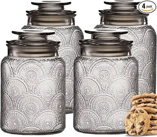 4pc Vintage Glass Canister Set with Airtight Lids - For Kitchen Food Storage and Organization by LERAZE