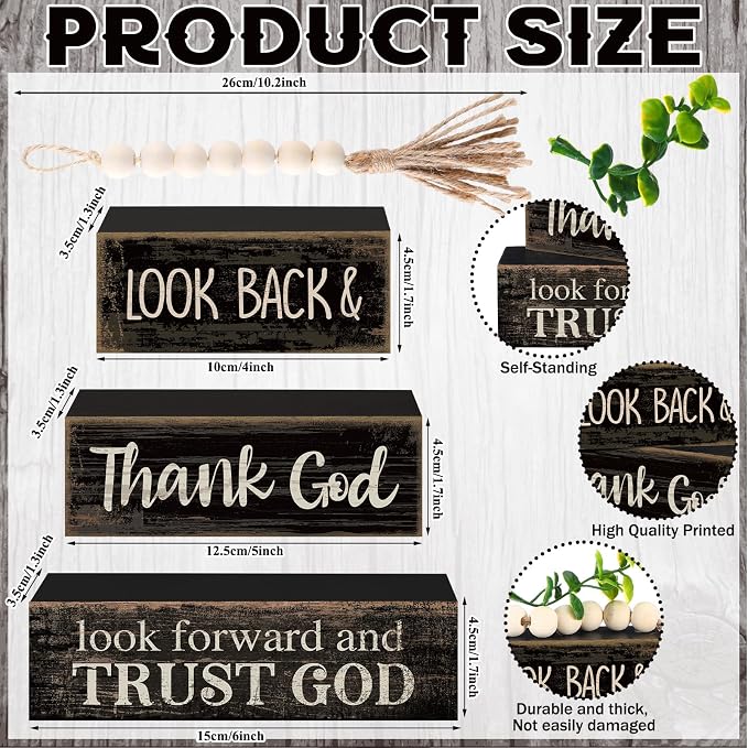 Moucuny 4 Pcs Farmhouse Table Decor Inspirational Wooden Signs Rustic Eucalyptus Leaves Wooden Block Sign Gift Thank and Trust God Farmhouse Table Centerpiece for Living Room Housewarming Gift - Image 4