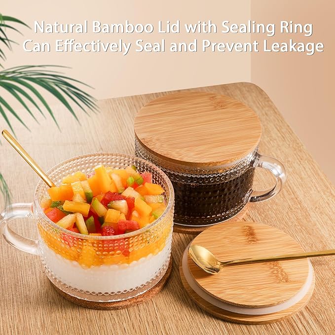 Vintage Coffee Mugs Glassware Set of 4-14oz Leak Proof Overnight Oats Containers with Lids and Spoons, Hobnail Glass Cups with Bamboo Lids, Ideal Coffee Bar Accessories Perfect for Drinks, Tea