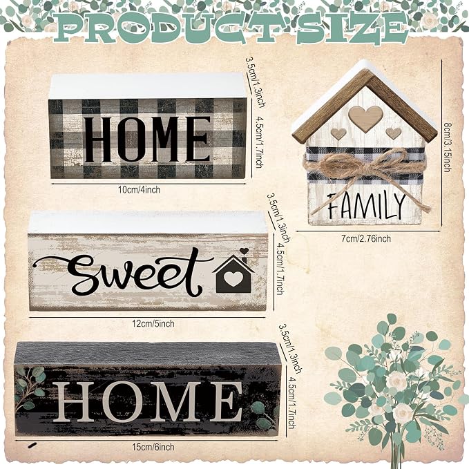 Moucuny 4 Pcs Farmhouse Table Decor Rustic Home Sweet Home Farmhouse Tiered Tray Decor Retro Wooden House Shaped Block Signs Housewarming Gifts Neutral Centerpiece for Kitchen Shelf - Image 2