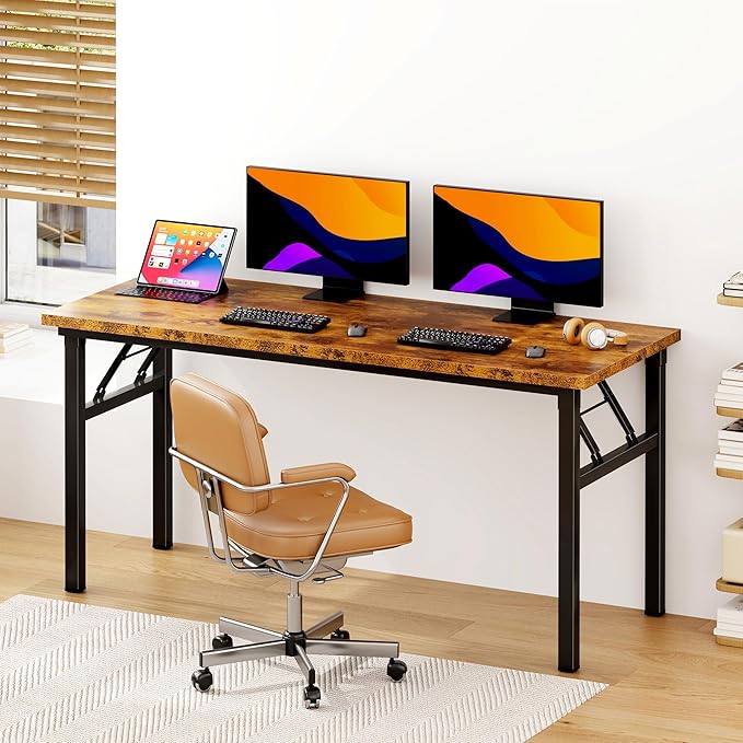 DlandHome 62 Inch Large Folding Computer Desk, Fully Assembled, Retro | Foldable Writing Table for Bedroom Dorm, Conference Table for Home Office, Wood Top Metal Frame, Collapsible Easy Storage - Image 2