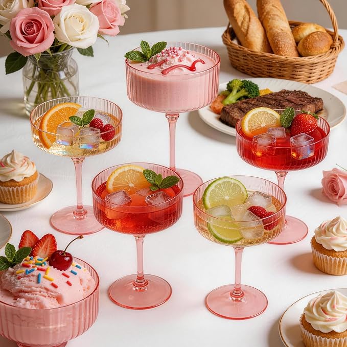 PLULON 24 Pcs Pink Champagne Martini Glasses Set 10 Oz Plastic Ribbed Coupe Cup, Cocktail Glasses Champagne Cup Tower Vintage Margarita Glassware for Clubs Gifts Wedding Bachelor Party Outdoor Events - Image 6