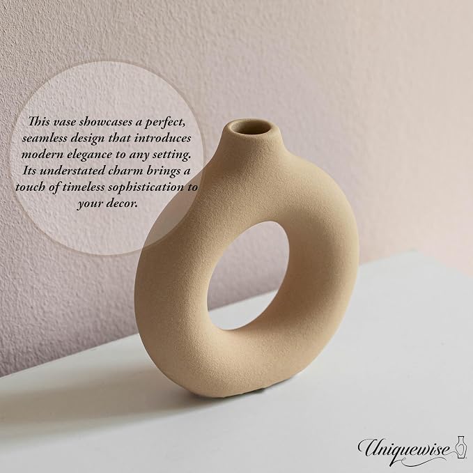 5-Inch Decorative Small Hollow Ceramic Donut Table Vase - Handmade, Minimalist Boho Style, Perfect for Modern Home Decor in Living Room, Home Office, Bedroom, Dining Room and Entryway Console Table - Image 3
