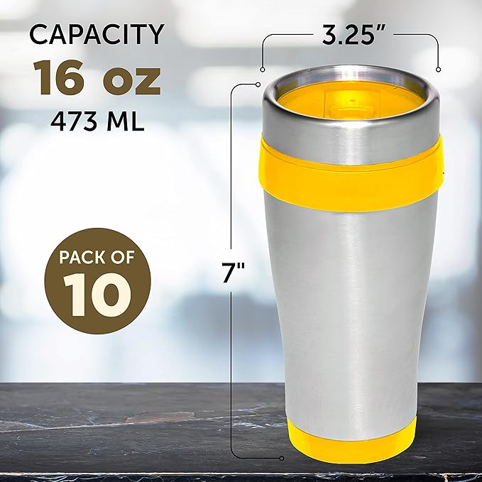 DISCOUNT PROMOS Insulated Stainless Steel Travel Mugs 16 oz. Set of 10, Bulk Pack - Perfect for Coffee, Soda, Other Hot & Cold Beverages - Yellow