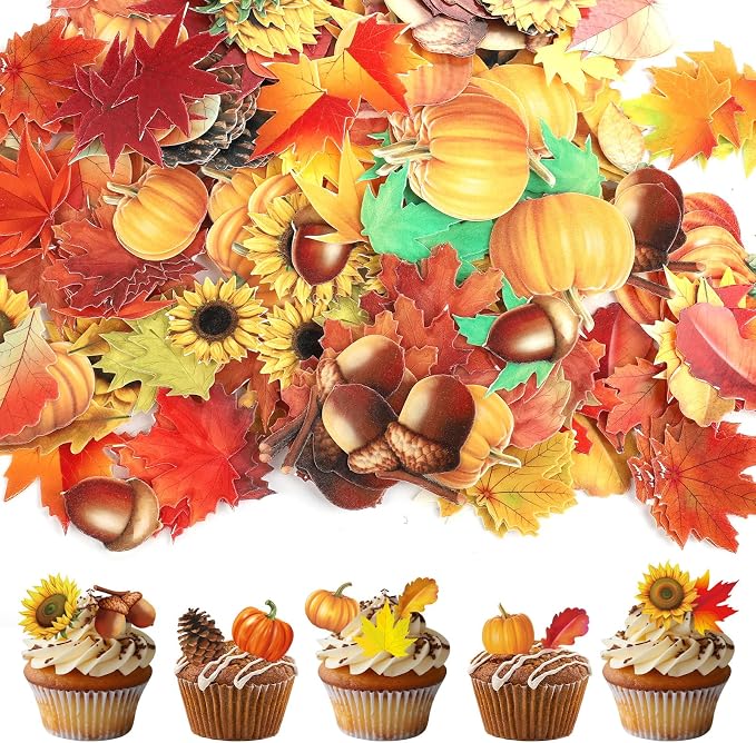 280pcs Fall Cake Decorations - Edible Sunflower, Leaf, Pumpkin Cupcake Toppers - Autumn Edible Cake Decors for Baking, Food, Thanksgiving Party Supplies (40 Styles) by lasuroa