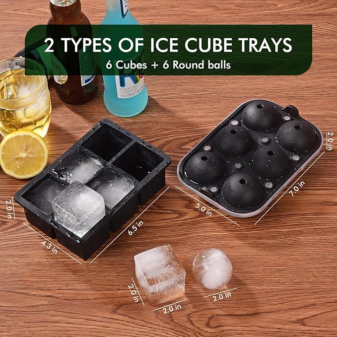 Ice Cube Tray, SLGOL Ice Trays for Freezer with Lid, Easy Release large Ice Cube Molds, Silicone ice cubes mold for Whiskey, Stackable Square Ice Tray for Cocktails Whiskey Coffee【6 round + 6 square】