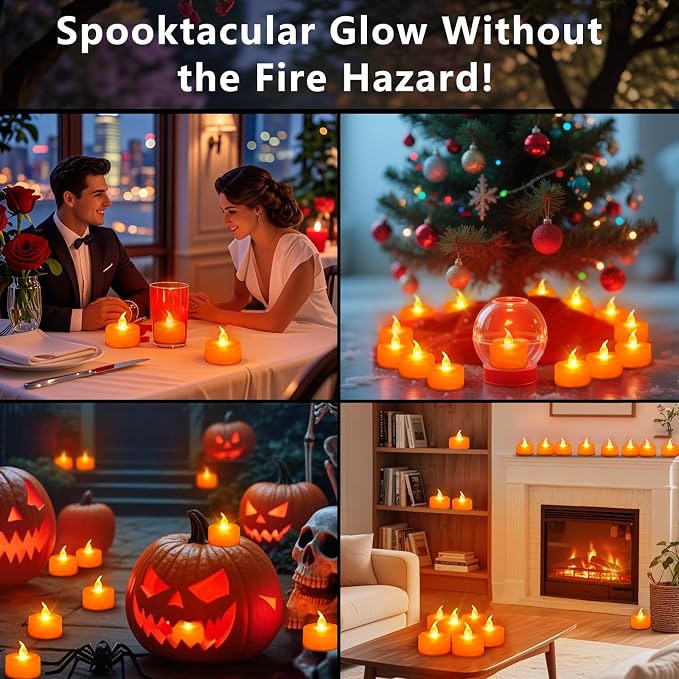 Tea Lights Battery Operated Candles LED Tea Lights Flameless Candles 200+ Hours Flickering Fake Tealights for Sweetest Day Wedding Home Decorations Party (Orange Base, 24 Pack) - Image 4