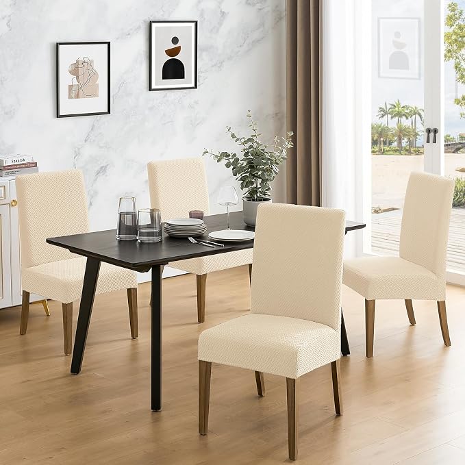 MOSAYT 100% Waterproof Dining Room Chair Covers Set of 4, Super Fit Stretch Jacquard Parson Chairs Slipcovers Removable Washable Chair Seat Protectors for Home, Kitchen, Banquet (Beige) - Image 2