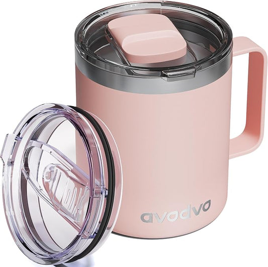 12oz Insulated Coffee Mug with Lid – Includes Two Lids, Stainless Steel Coffee Travel Mug with Handle, Double Wall Vacuum Insulated Camping Mug for Home, Office & Outdoor, Light Pink by avodvo