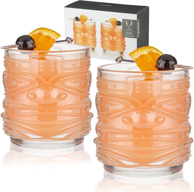 Viski Pacific Tiki Glasses Stackable Lowball DOF Tumblers, Tropical Cocktail and Bar Gifts for Rum and Whiskey, 12 Oz, Set of 2 by VISKI