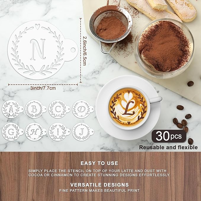 Keluna Coffee Latte Art Stencils - 30 Pcs Letters Alphabet Baking Stencils for Coffee Latte Art Sour Dough Bread Cake Cookie Decorating