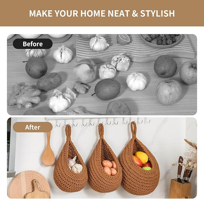 Boho Wall Hanging Fruit Baskets for Kitchen 3 Pack Woven Produce Holder with 6 Pcs Strong Hooks Vegetable Hanging Basket for Organizing Teardrop Home Wall Potato Onion Storage, Caramel - Image 5