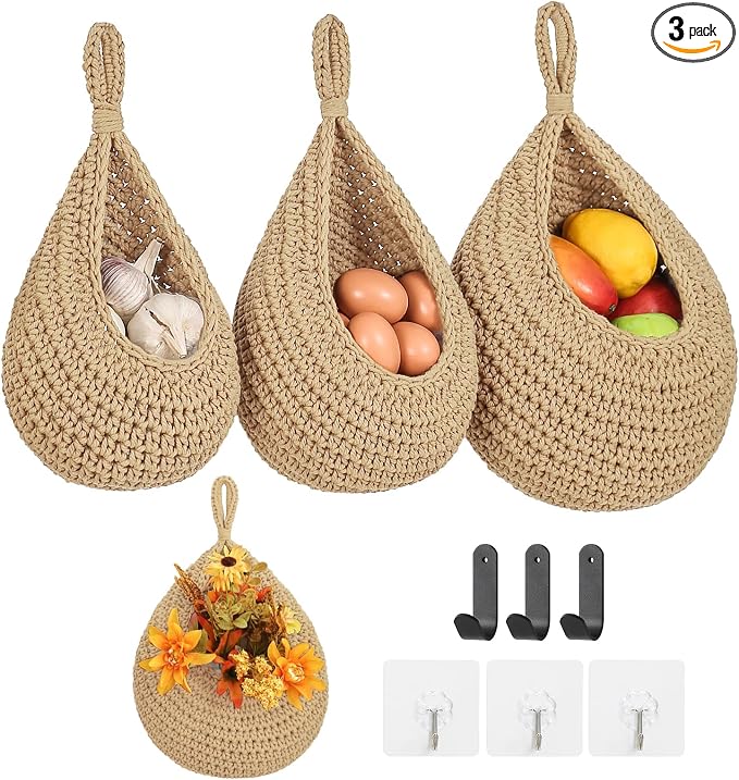 Boho Wall Hanging Fruit Baskets for Kitchen 3 Pack Woven Produce Holder with 6 Pcs Strong Hooks Vegetable Hanging Basket for Organizing Teardrop Home Wall Potato Onion Storage, Linen by INJORAN