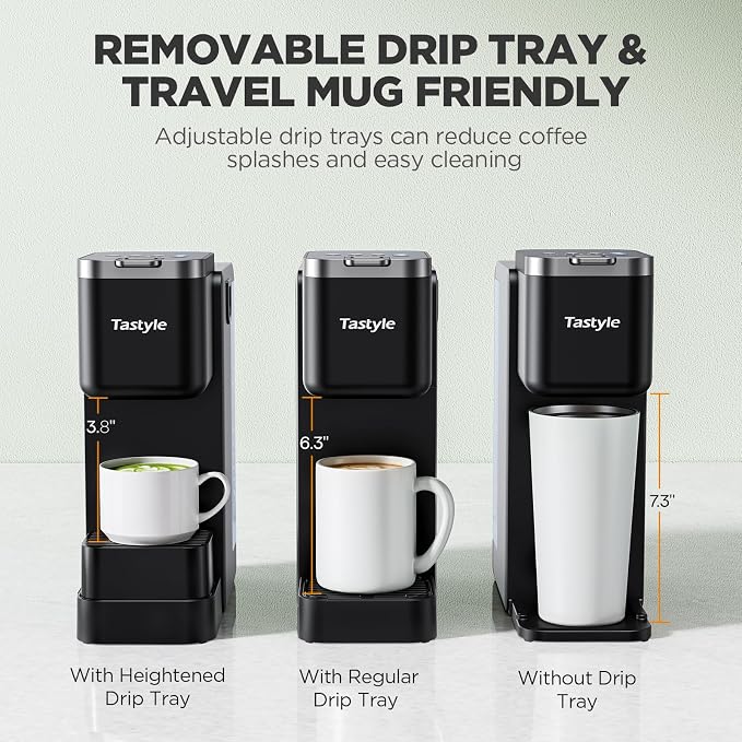 Tastyle Single Serve Coffee Maker with Built-in Detachable Milk Frother | For K Cups & Grounds, 40oz Removable Water Tank, 6 Brew Sizes, 2 Drip Trays, BPA Free, Fits 7.3" Travel Mug, K330MF, Black - Image 7