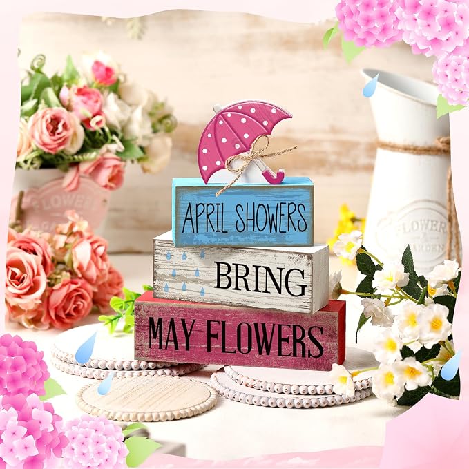 Moucuny 4 Pcs Spring Summer Decorations for Home Wooden Umbrella Tiered Tray Decorations Summer Centerpieces for Tables Farmhouse Decorative Umbrella Faux Stack Block Sign for Home Shelf Decor - Image 2