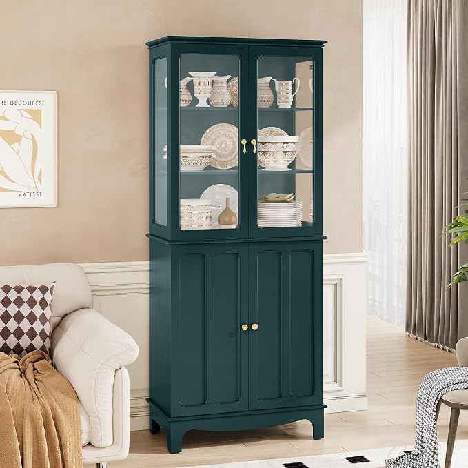 72" Tall Kitchen Pantry Cabinet with Glass Door and Adjustable Shelves, Vintage Food Storage Cabinet for Kitchen, Dining Room, Living Room, Teal - Image 3