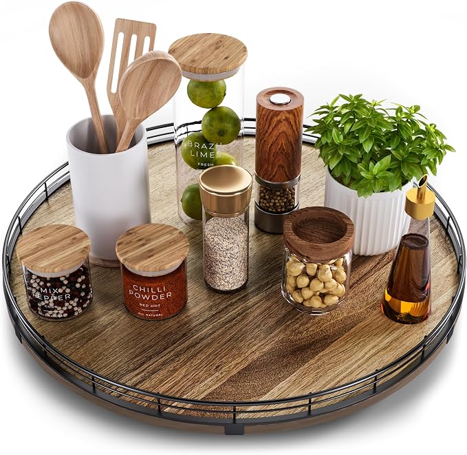 Acacia Wood 18" Lazy Susan Turntable Organizer for Table Top, Farmhouse Large Round Lazy Susan for Cabinet Kitchen Centerpieces Dining Table, for Condiments Charcuterie, Bathroom Vanity Tray Decor by HGF