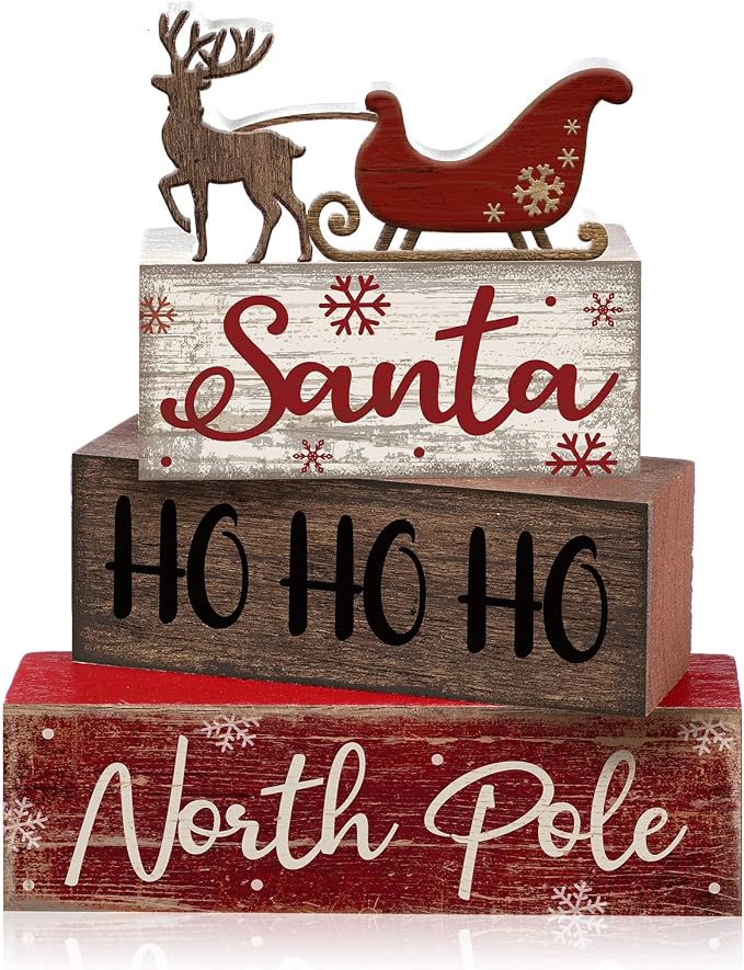 Moucuny 4 Pcs Reindeer Christmas Table Decor Wooden Reindeer Christmas Tiered Tray Decor Xmas Centerpiece Decorative Red Deer Pulled Sleigh Block Signs Gift Farmhouse Xmas Decoration for Home Kitchen by Moucuny