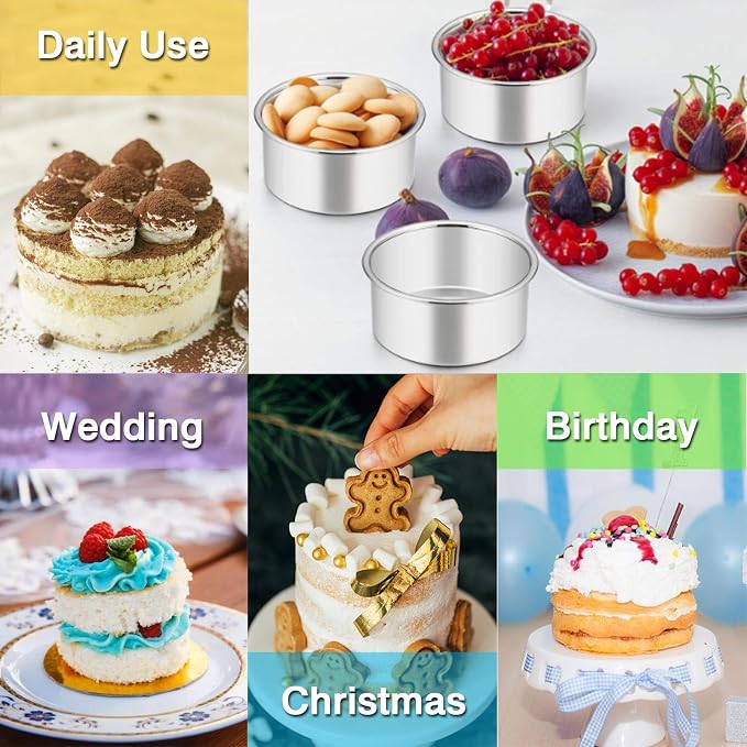 TeamFar 4 Inch Cake Pan, Stainless Steel Mini Cake Pan Round Baking Tins | Set of 3, Small Tier Cake Baking Pans Tins For Baking Steaming Serving, Healthy & Sturdy, Easy Clean & Dishwasher Safe - Image 3