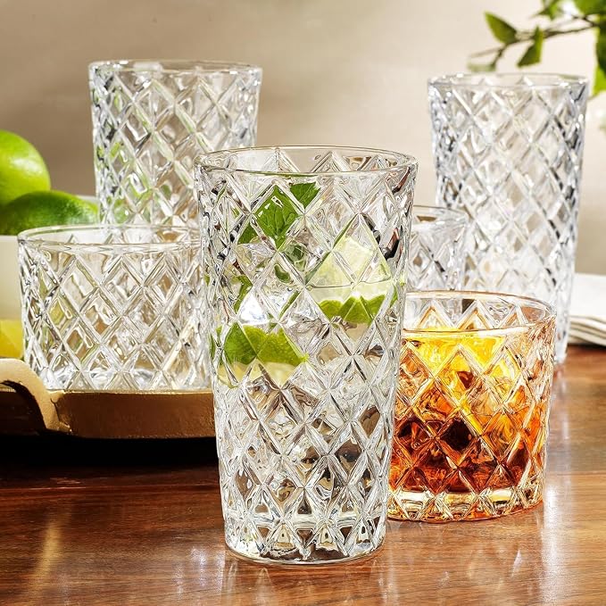 Diamond Cut Drinking Glass Set, Set of 8 Premium Textured Glassware with 4 Highball Glasses 17 oz and 4 Whiskey Glasses 10 oz Elegant Drinking Glasses - Image 2