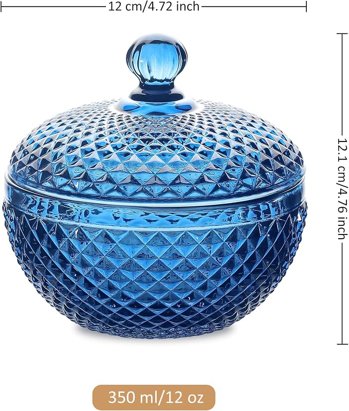 Joeyan 12 oz Small Blue Glass Jewelry Box Jars with Lid,Embossed Glass Candy Dishes,Diamond Faceted Food Container,Decorative Apothecary Canisters,Colored Kitchen Bathroom Buffet Storage Organizer - Image 7