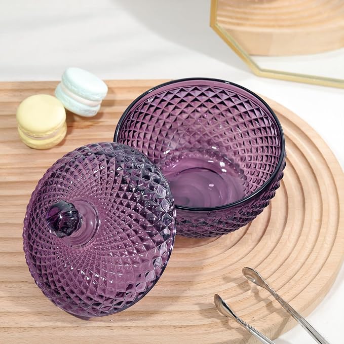 Joeyan 12 oz Small Dark Purple Glass Jars with Lid,Embossed Candy Dishes,Diamond Faceted Food Container,Decorative Jewelry Box Apothecary Canisters,Colored Kitchen Bathroom Buffet Storage Organizer - Image 6