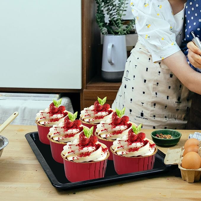 Cupcake Liners with Dome Lids 100 Pack,LNYZQUS 5.5Oz Foil Baking Cups Muffin Tin,Large Cupcake Wrappers Souffle Pudding Ramekin Holders for Christmas Wedding Birthday Party,with Spoons-Red in Gold - Image 2