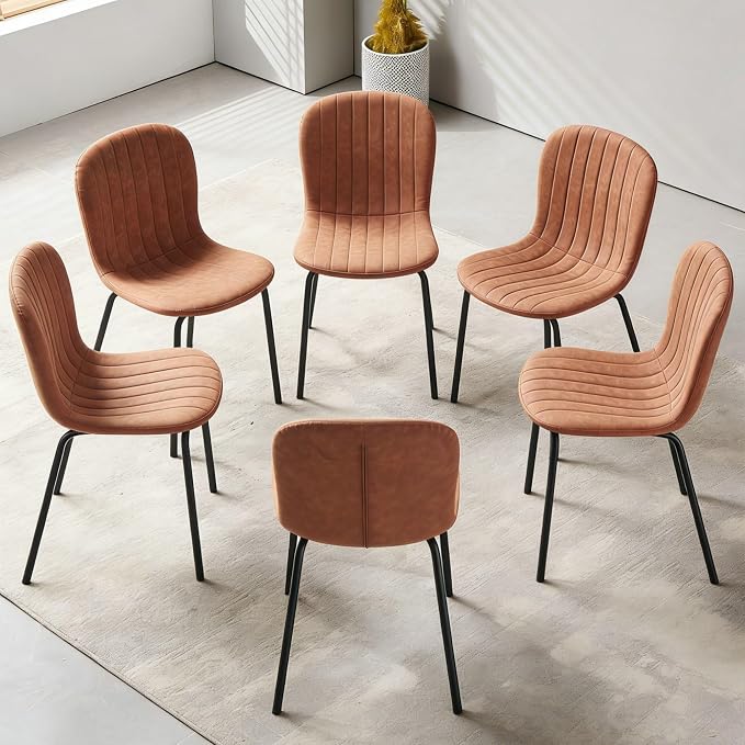 Small Dining Chairs Set of 6, Modern Mid Century Faux Leather Dining Room Chairs with Black Metal Legs, Kitchen Home Living Room Restaurant Apartment, Space-Saving, Brown - Image 7