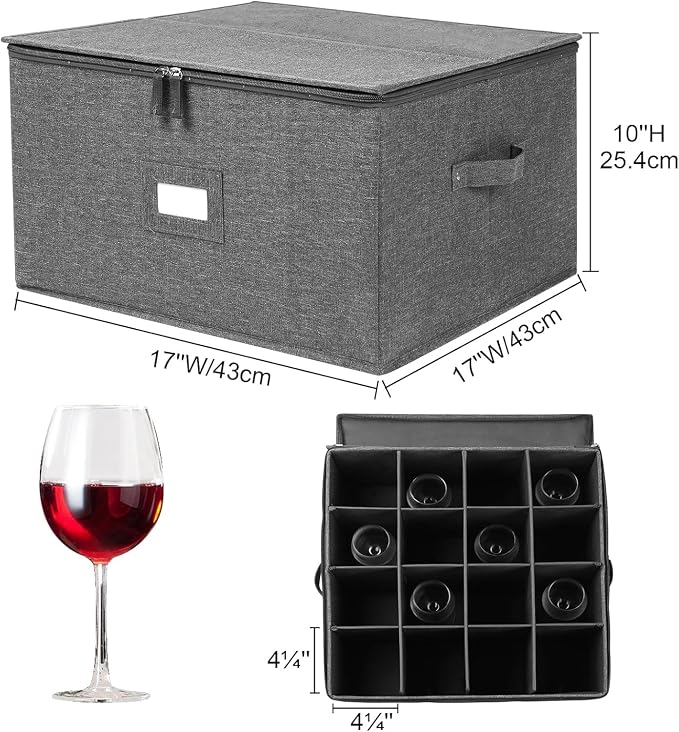 popoly Stemware Storage Cases 2 Pack, Wine Glass Storage Box Containers | Glassware Storage Containers for Glassware or Crystal, Holds 32 Red or White Wine Glasses, Hard Top and Stackable (Grey) - Image 4