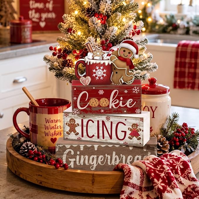 Moucuny 4 Pcs Christmas Table Decor Wooden Gingerbread Cocoa Decoration Christmas Centerpiece Winter Tiered Tray Decor Gingerbread Man Cocoa Block Signs Gift Farmhouse Xmas Decoration for Home Kitchen - Image 6