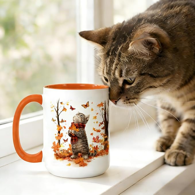 Cat Mug for Cat Lovers, Cute Kitten Fall Coffee Mugs, White, 15oz | Ceramic, Maple Leaf Tea Cup with Orange Handle, Ideal for Hot & Cold Drinks, Fun Novelty Gift for Women, Coworkers - Image 7