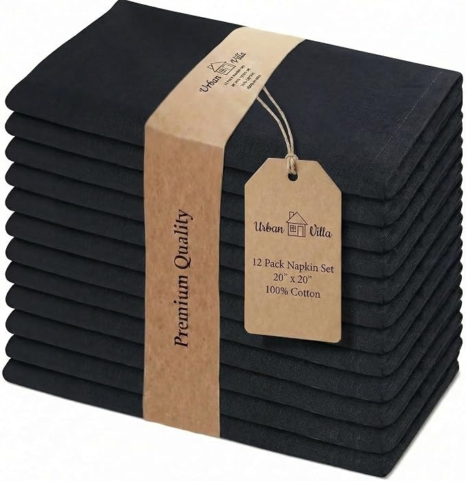 Urban Villa Cloth Napkins Cotton 20x20 (Set of 12) Black by CottonTrends