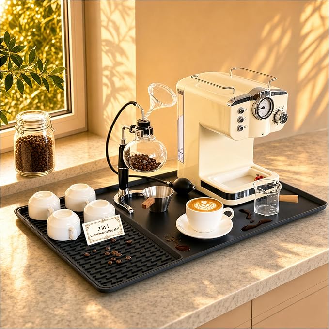 Caketime 2 In 1 Silicone Coffee Bar Mat Accessories for Ninja Coffee Maker with Detachable Dish Drying Rug Kitchen Counter Under Sink Drainer Appliances Dorm Room Decor 16"x24" Extra Large Black by CAKETIME