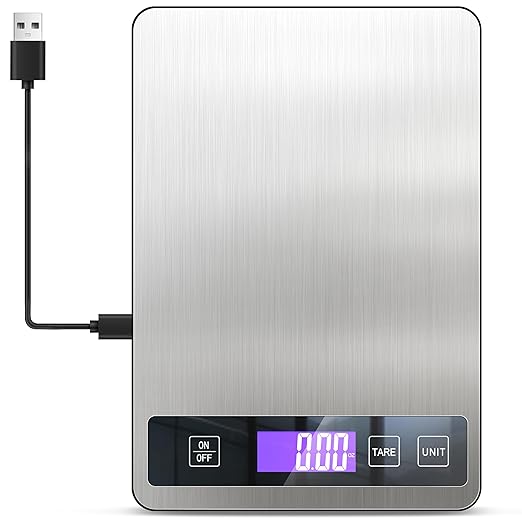 Food Scale, Kitchen Scale, 15kg/33lb, USB Rechargeable & Batteries (Not Inc.), Splash-Resistant Stainless Steel, Full-View LCD Display, Compact & Easy-Clean Design, 6 Units, Tare Function