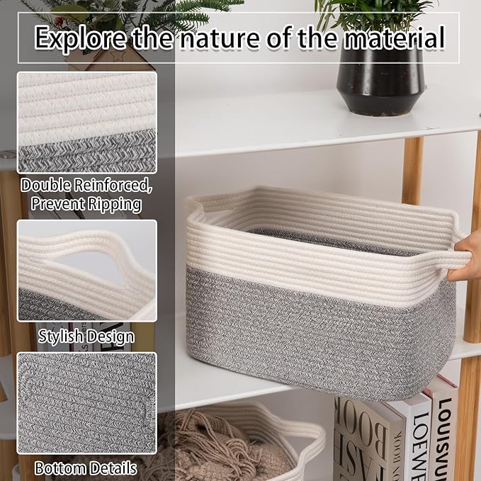 OIAHOMY 3 Pack Storage Basket for Organizing, 13''X9.85''X8.7'' Storage Bins,Woven Basket Basket with Handles, Toy Storage Basket Bin,Stylish Room Decor Basket, White & Grey variegated - Image 4