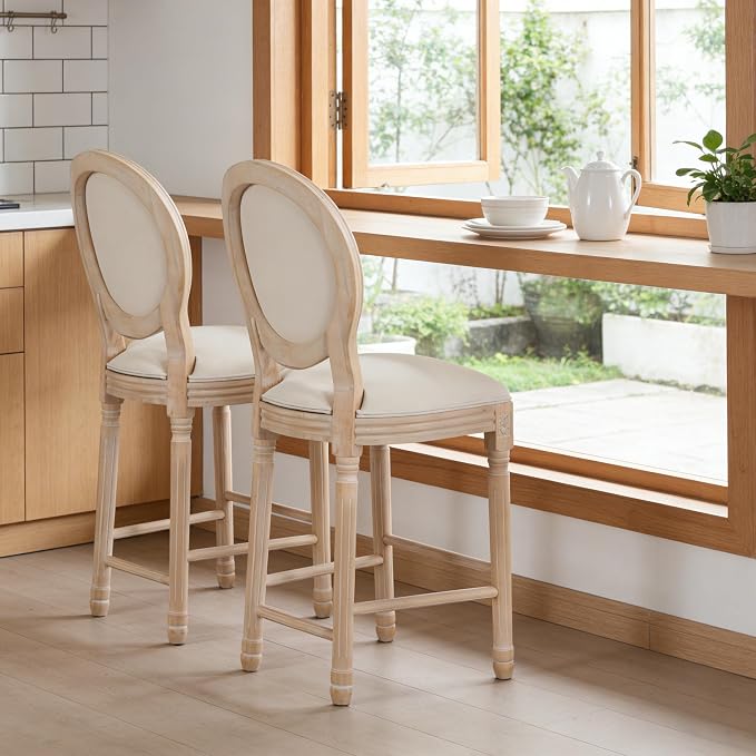 French Country Barstool, Linen Farmhouse Counter Height Chair | Set of 2, with Cushion Round Back and Solid Wood Legs, Oval Chairs for Restaurant, Bar, Kitchen, Café, Beige - Image 2