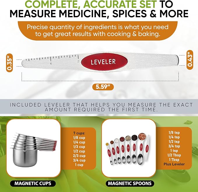 Spring Chef Magnetic Measuring Cups & Spoons Set of 15, Patented, Red | Stackable Stainless Steel Measuring Cups & Heavy Duty Metal Measuring Spoons with Levelers for Dry & Liquid Ingredients - Image 6