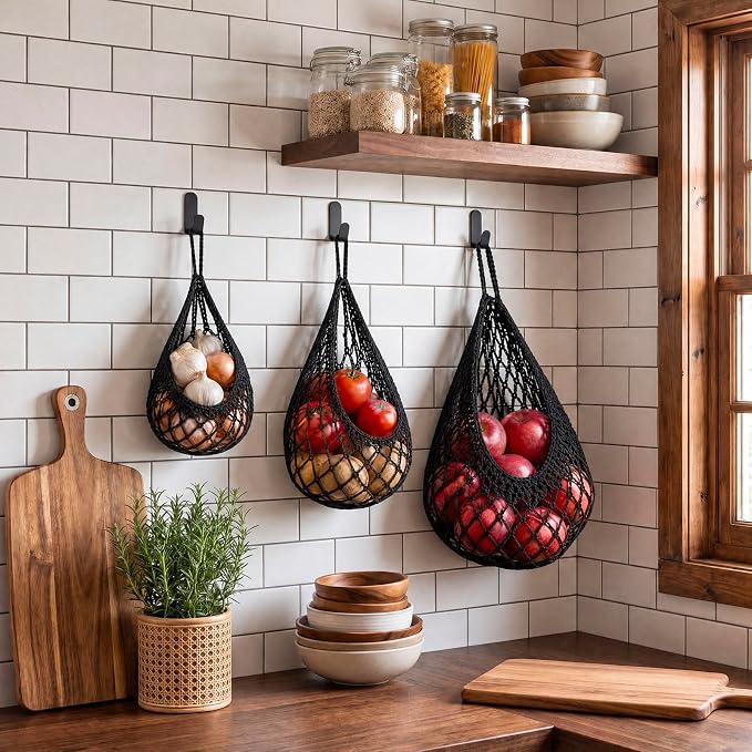 Honeydak Boho Decor Hanging Wall Baskets for Kitchen 3 Pack Teardrop Baskets with Hooks Storage Fruit Onion Vegetable Potato for Home(Black,Crochet,Cotton Rope) - Image 6