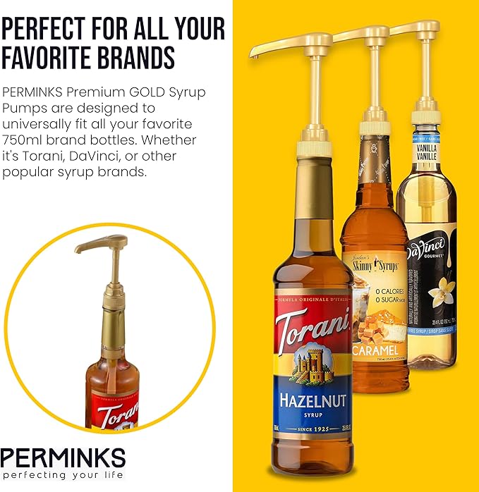 Premium Syrup Pump Compatible with Torani 750 ml Bottle, Davinci Syrups - No Spill, No Clog Syrup Pump Dispenser for Vanilla, Snow Cone, Blueberry, Coffee Flavoring & More (Pack of 12, Gold)