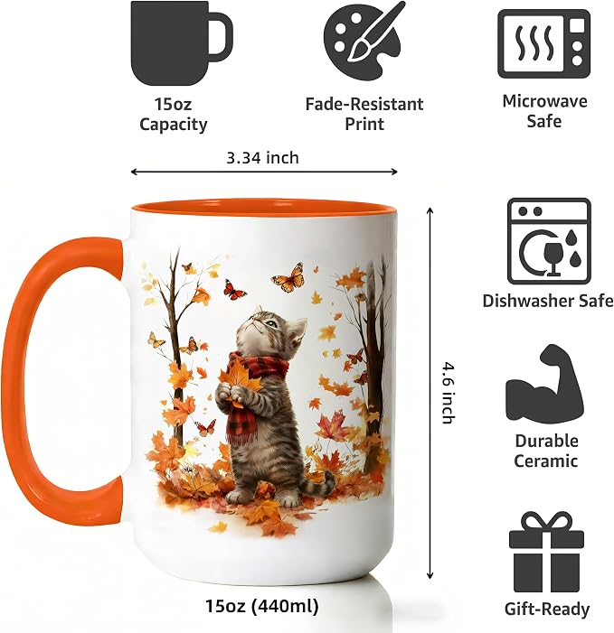 Cat Mug for Cat Lovers, Cute Kitten Fall Coffee Mugs, White, 15oz | Ceramic, Maple Leaf Tea Cup with Orange Handle, Ideal for Hot & Cold Drinks, Fun Novelty Gift for Women, Coworkers - Image 3